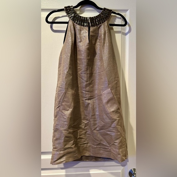 WALTER SIZE 6 🍒CHAMPAGNE GOLD JEWEL COLLARED SILK DRESS FULLY LINED CLASP FRONT - Picture 9 of 12